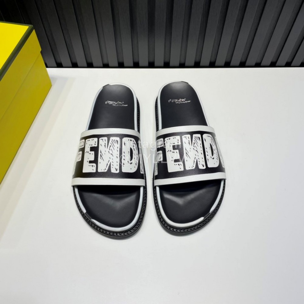 Fendi Letter Printed Calf Leather Slippers For Men Black