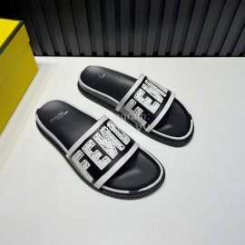 Fendi Letter Printed Calf Leather Slippers For Men Black