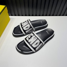 Fendi Letter Printed Calf Leather Slippers For Men Black