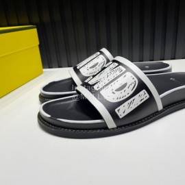 Fendi Letter Printed Calf Leather Slippers For Men Black