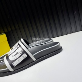 Fendi Letter Printed Calf Leather Slippers For Men Black