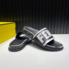 Fendi Letter Printed Calf Leather Slippers For Men Black