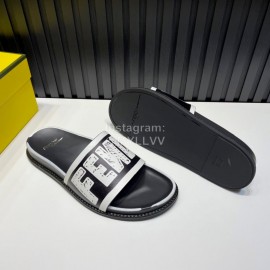 Fendi Letter Printed Calf Leather Slippers For Men Black