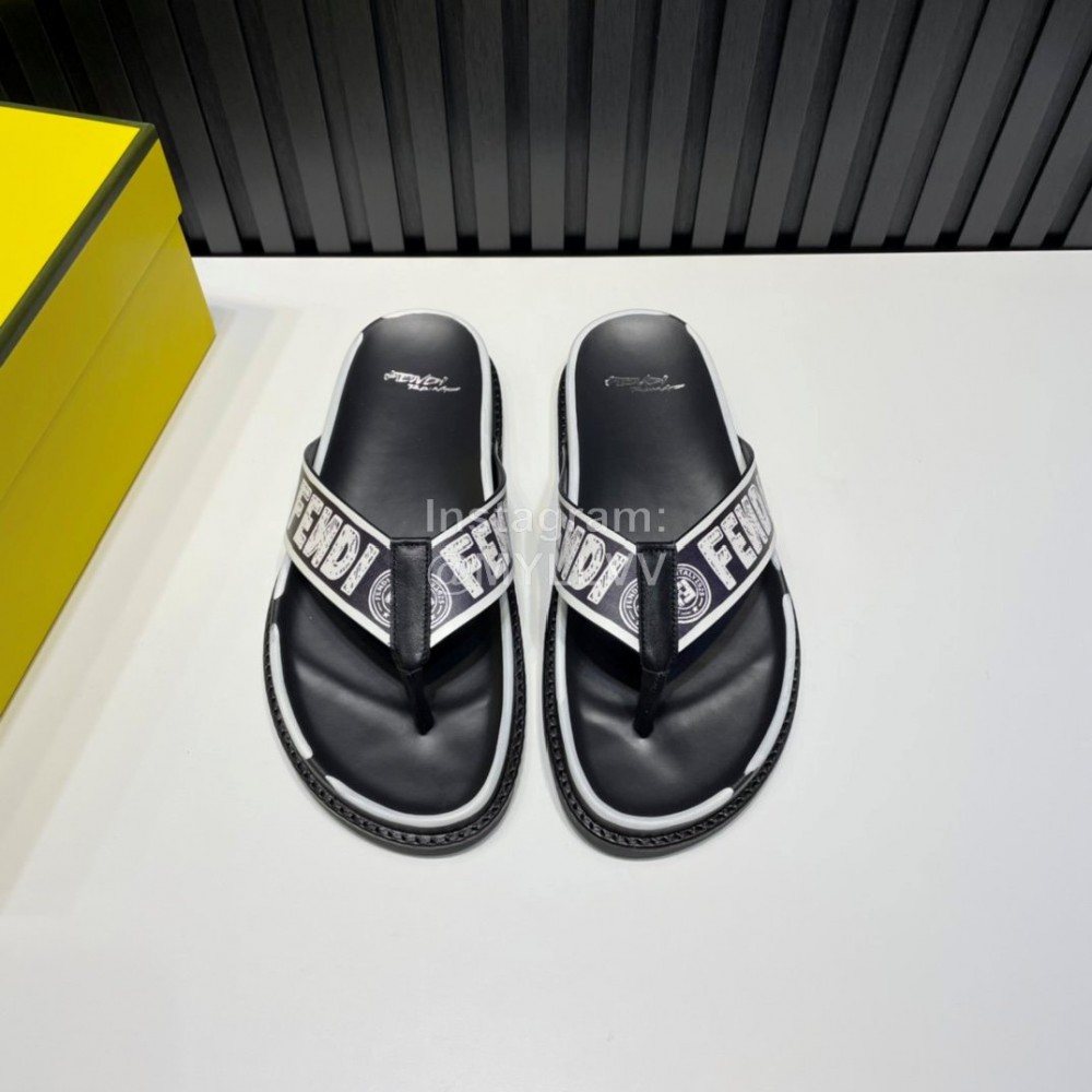 Fendi Letter Printed Calf Leather Flip Flops For Men Black