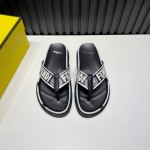 Fendi Letter Printed Calf Leather Flip Flops For Men Black