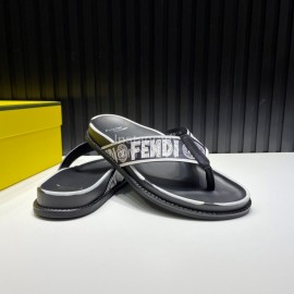 Fendi Letter Printed Calf Leather Flip Flops For Men Black