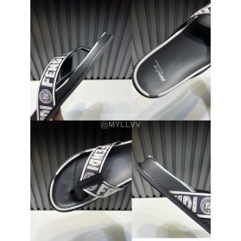 Fendi Letter Printed Calf Leather Flip Flops For Men Black