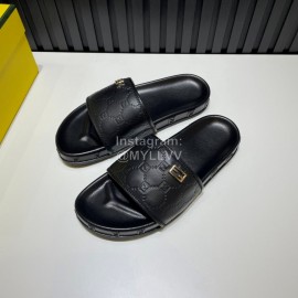 Fendi Black Embossed Leather Slippers For Men