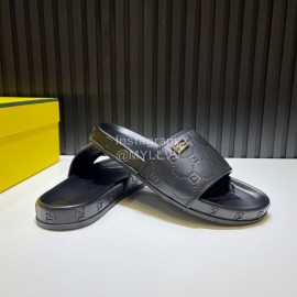 Fendi Black Embossed Leather Slippers For Men