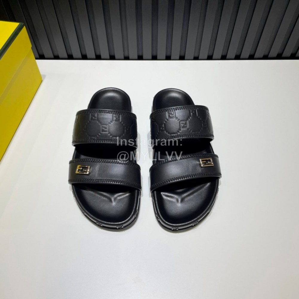 Fendi Light Black Embossed Leather Slippers For Men