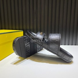 Fendi Light Black Embossed Leather Slippers For Men