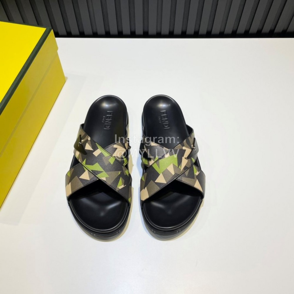 Fendi Camouflage Printed Leather Cross Slippers For Men