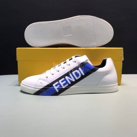 Fendi Printed Leather Lace Up Casual Sneakers For Men Blue