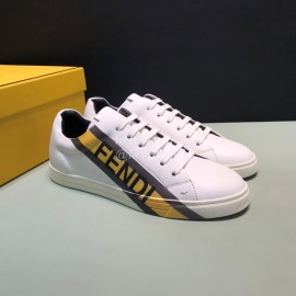 Fendi Printed Leather Lace Up Casual Sneakers For Men Yellow