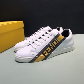 Fendi Printed Leather Lace Up Casual Sneakers For Men Yellow