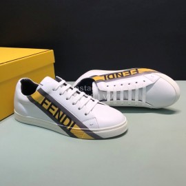 Fendi Printed Leather Lace Up Casual Sneakers For Men Yellow