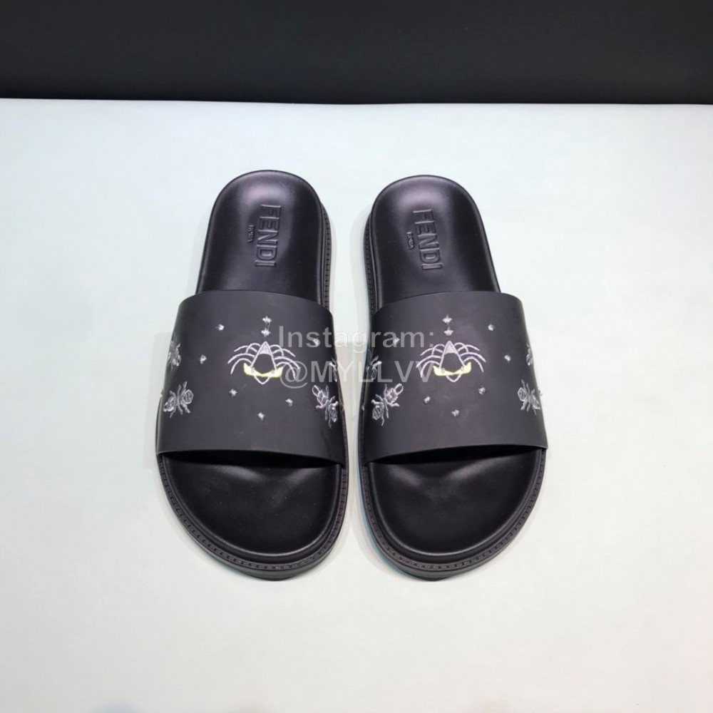 Fendi Embroidered Silk Cowhide Casual Slippers For Men Black