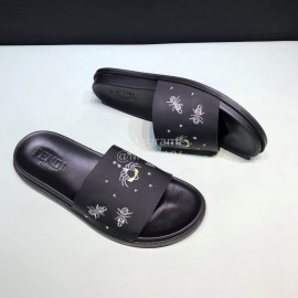 Fendi Embroidered Silk Cowhide Casual Slippers For Men Black