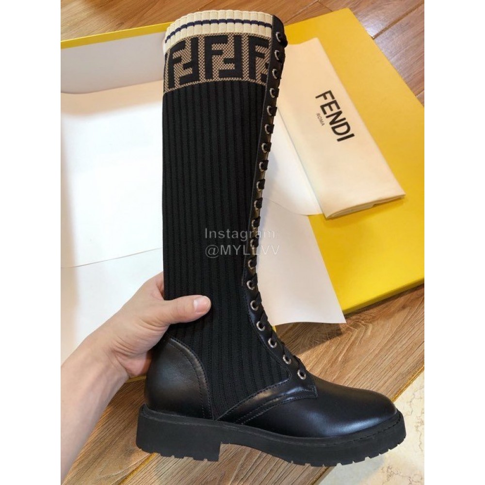 Fendi Fashion Calf Knitted Long Boots For Women Black
