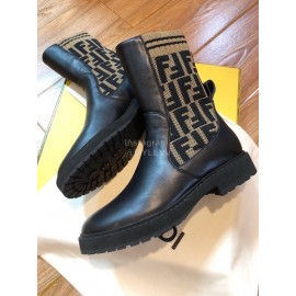 Fendi Fashion Calf Coffee Knitted Short Boots For Women