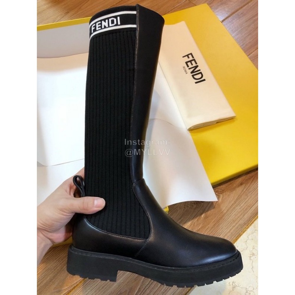 Fendi Fashion Black Calf Knitted Long Boots For Women
