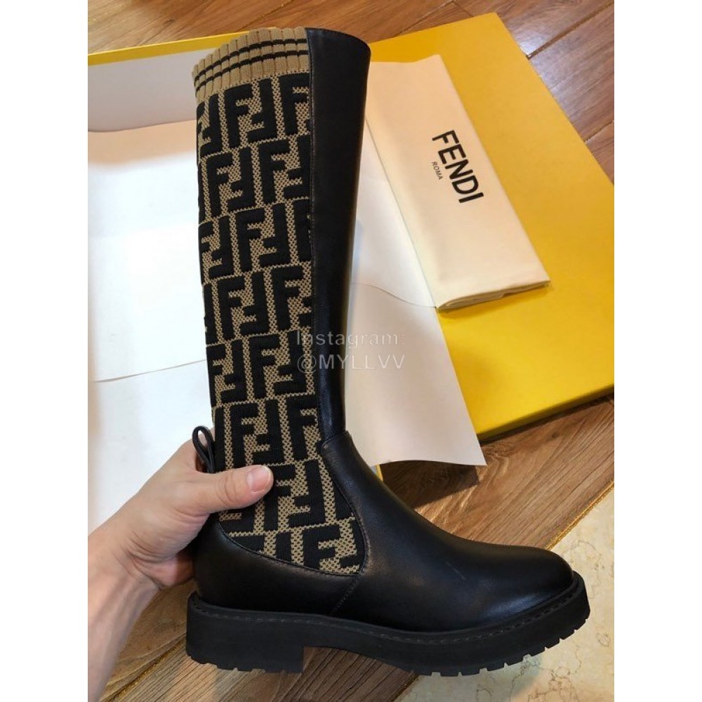 Fendi Fashion Calf Coffee Knitted Long Boots For Women