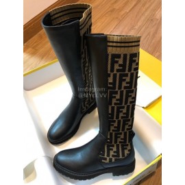 Fendi Fashion Calf Coffee Knitted Long Boots For Women