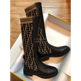 Fendi Fashion Calf Coffee Knitted Long Boots For Women