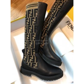 Fendi Fashion Calf Coffee Knitted Long Boots For Women