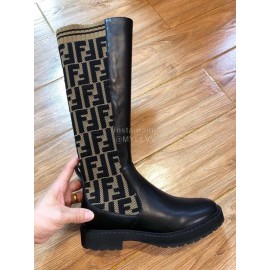 Fendi Fashion Calf Coffee Knitted Long Boots For Women