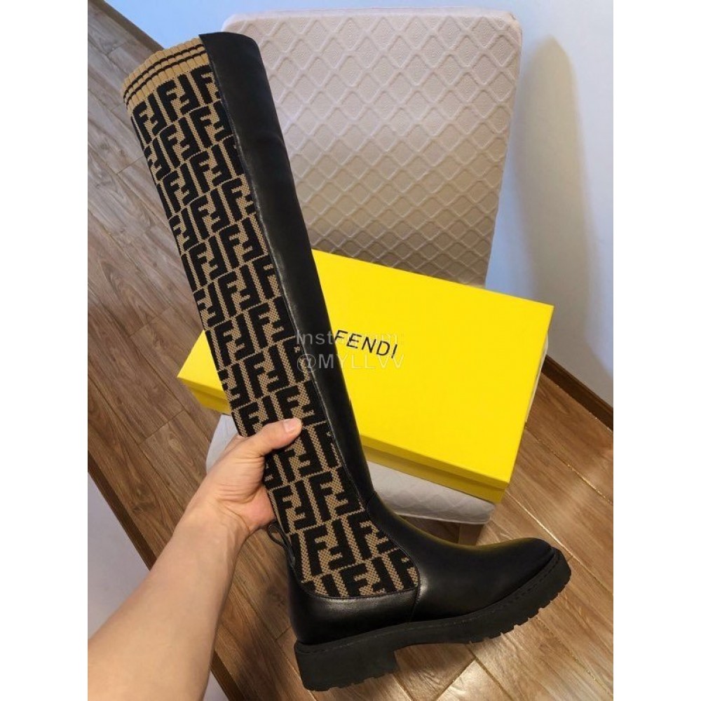 Fendi Fashion Calf Knitted Knee High Boots For Women Brown