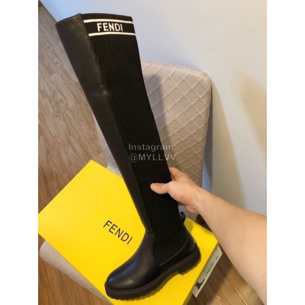 Fendi Fashion Calf Knitted Knee High Boots For Women Black
