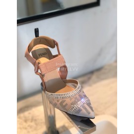 Fendi New Jacquard Ribbon Sheepskin High Heel Sandals For Women White