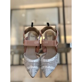 Fendi New Jacquard Ribbon Sheepskin High Heel Sandals For Women White