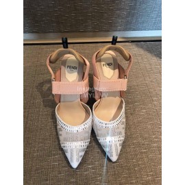 Fendi New Jacquard Ribbon Sheepskin High Heel Sandals For Women White