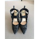 Fendi New Jacquard Ribbon Sheepskin High Heel Sandals For Women Black