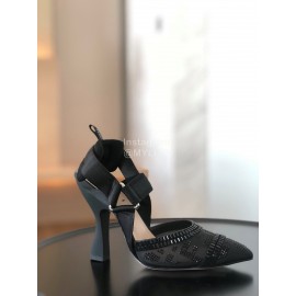 Fendi New Jacquard Ribbon Sheepskin High Heel Sandals For Women Black