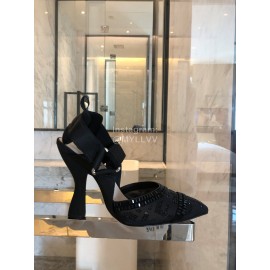 Fendi New Jacquard Ribbon Sheepskin High Heel Sandals For Women Black