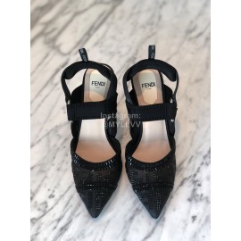 Fendi New Jacquard Ribbon Sheepskin High Heel Sandals For Women Black