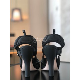 Fendi New Jacquard Ribbon Sheepskin High Heel Sandals For Women Black