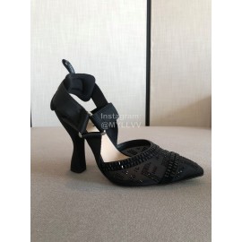 Fendi New Jacquard Ribbon Sheepskin High Heel Sandals For Women Black