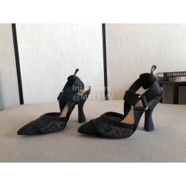 Fendi New Jacquard Ribbon Sheepskin High Heel Sandals For Women Black