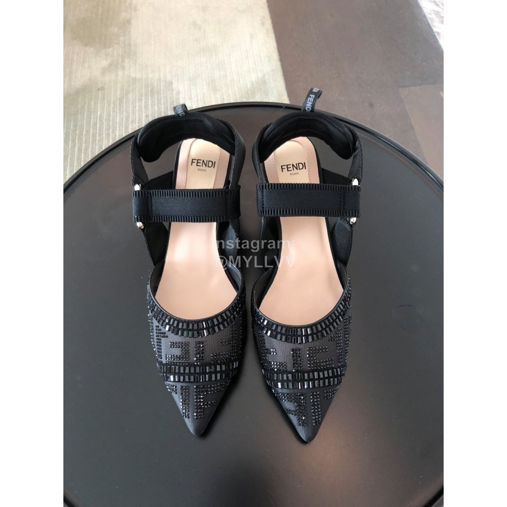 Fendi New Black Jacquard Ribbon Sheepskin High Heel Sandals For Women