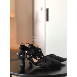 Fendi New Black Jacquard Ribbon Sheepskin High Heel Sandals For Women