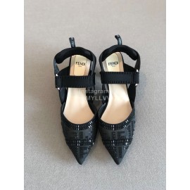 Fendi New Black Jacquard Ribbon Sheepskin High Heel Sandals For Women