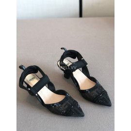 Fendi New Black Jacquard Ribbon Sheepskin High Heel Sandals For Women