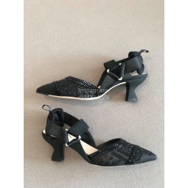 Fendi New Black Jacquard Ribbon Sheepskin High Heel Sandals For Women
