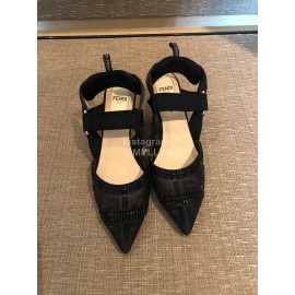 Fendi New Black Jacquard Ribbon Sheepskin High Heel Sandals For Women