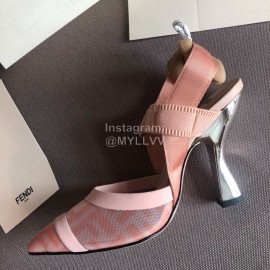 Fendi Fashion Pink Jacquard Ribbon Sheepskin High Heel Sandals For Women