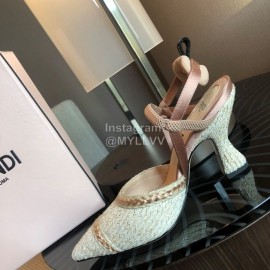 Fendi Spring Summer Golden Silk Knitting High Heels Sandals Beige